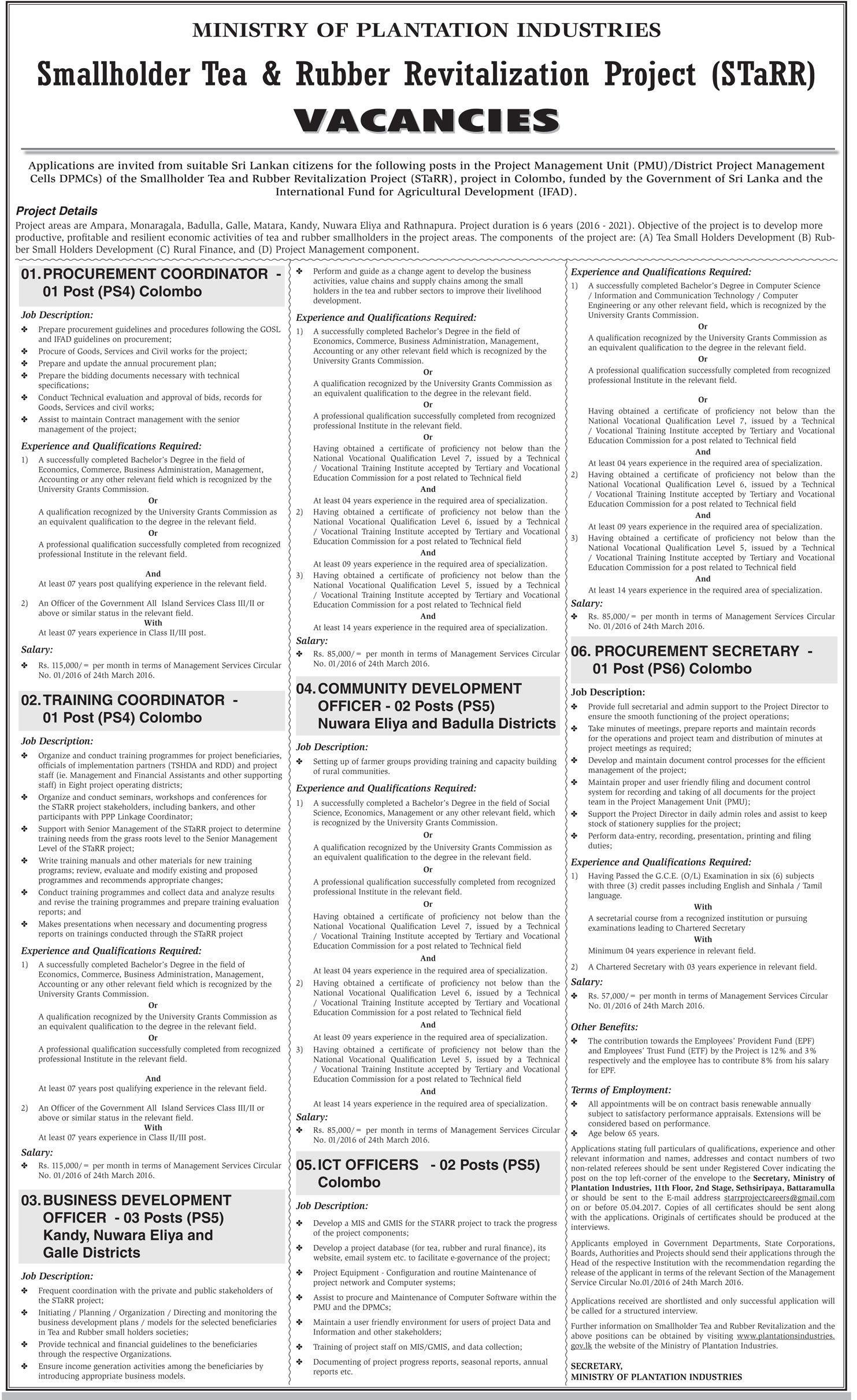 Procurement Coordinator, Training Coordinator, Business Development Officer, Community Development Officer, ICT Officer, Project Secretary - Ministry of Plantation Industries